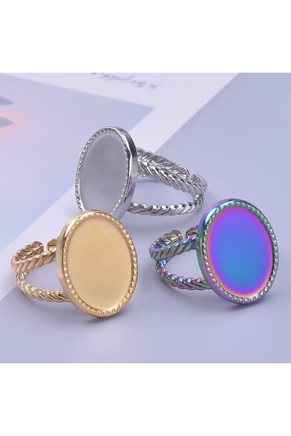 Stainless Steel Ring Base Adjustable Ring Blank Cabochon Ring Blank Base Flat Bezel Tray for Jewelry Making DIY Craft