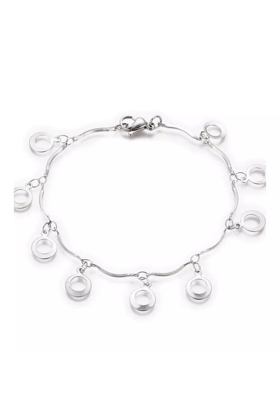 Stainless Steel Ring Charm Bracelet Bar Bracelet Lobster Silver 7.6" Z92