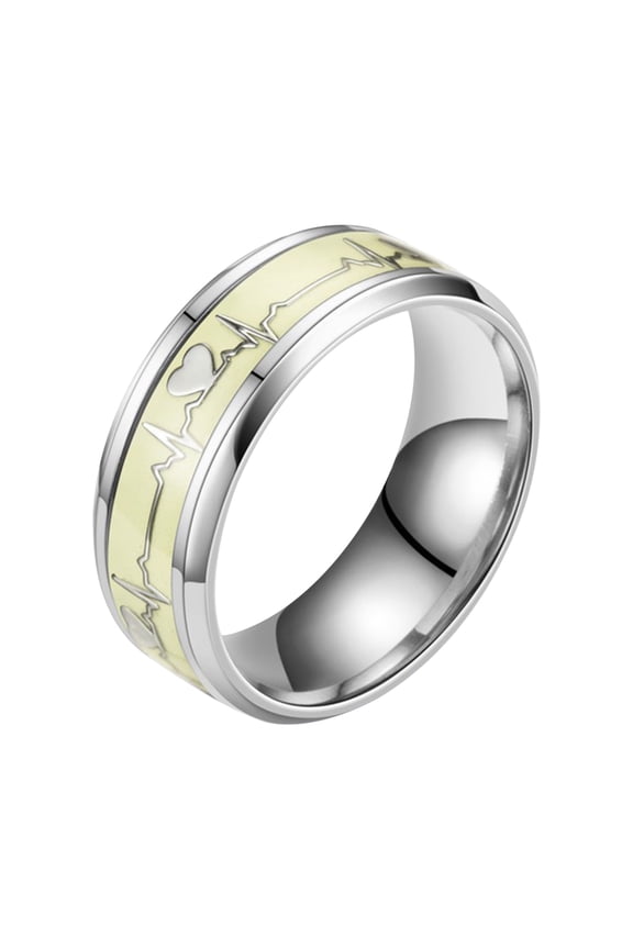 Stainless Steel Ring Couple Ring EKG Heartbeat Glow in the Dark Luminous Band Creative Love Jewelry Gift for Her Him