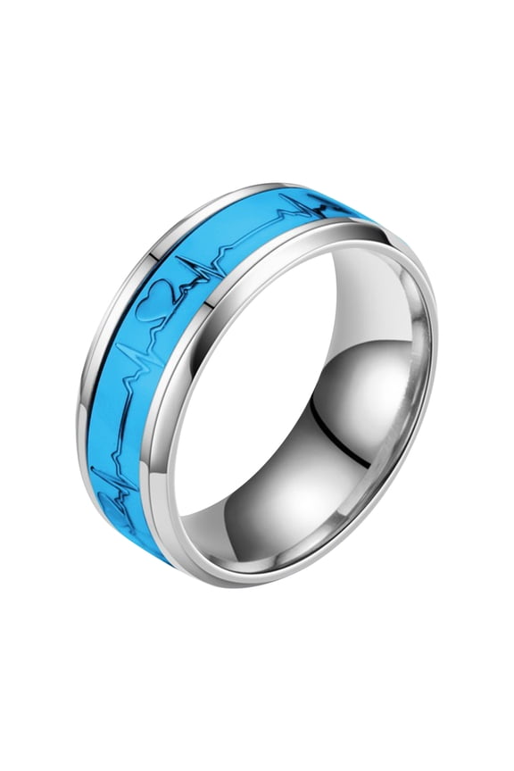 Stainless Steel Ring Couple Ring EKG Heartbeat Glow in the Dark Luminous Band Creative Love Jewelry Gift for Her Him
