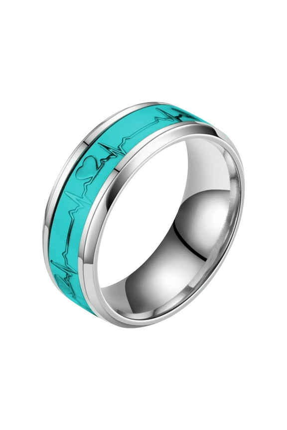 Stainless Steel Ring Couple Ring EKG Heartbeat Glow in the Dark Luminous Band Creative Love Jewelry Gift for Her Him