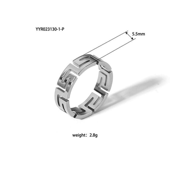 Unisex Stainless Steel Geometric Hollow Ring With Great Wall Pattern PVD Gold Plated Finish For Everyday Wear Jewelry