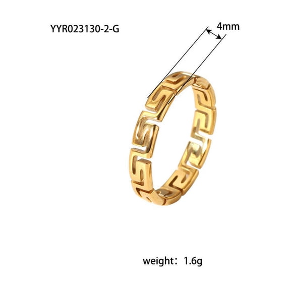 Unisex Stainless Steel Geometric Hollow Ring With Great Wall Pattern PVD Gold Plated Finish For Everyday Wear Jewelry