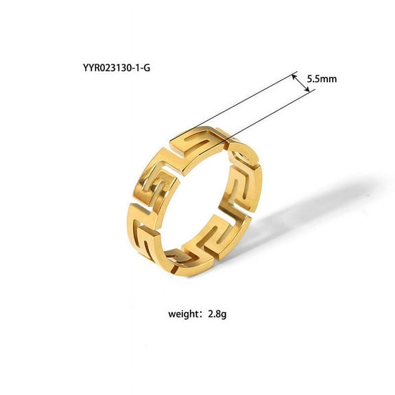 Unisex Ring Stainless Steel Geometric Hollow Ring Great Wall Pattern Fashion Jewelry PVD Gold Plated Ins Ring Stainless Steel Ring for Men or Women