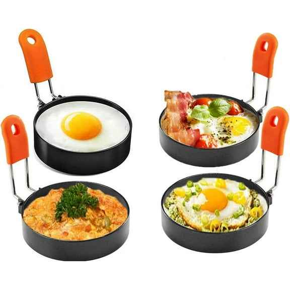 Stainless Steel Ring Steamed Egg Ring with Anti-Scalding Handle Non-Stick Round Egg Ring Suitable for Frying Patties, Sandwiches,Egg Making Mold Set(4 Pieces) (3)