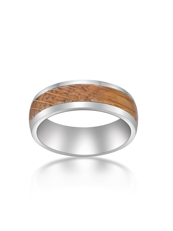 Stainless Steel Ring with Whiskey Barrel Wood Inlay and Clear Resin For Men