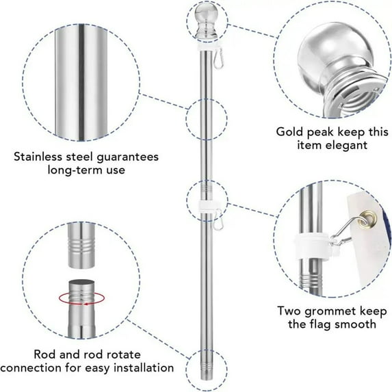 Stainless Steel Rings Wall Mounted Flagpole Kit with Wrapped 360 Degree Rotating Ring Stainless Steel Flagpole Kit, Suitable for Houses, Gardens, Courtyards, and Outdoor Fences