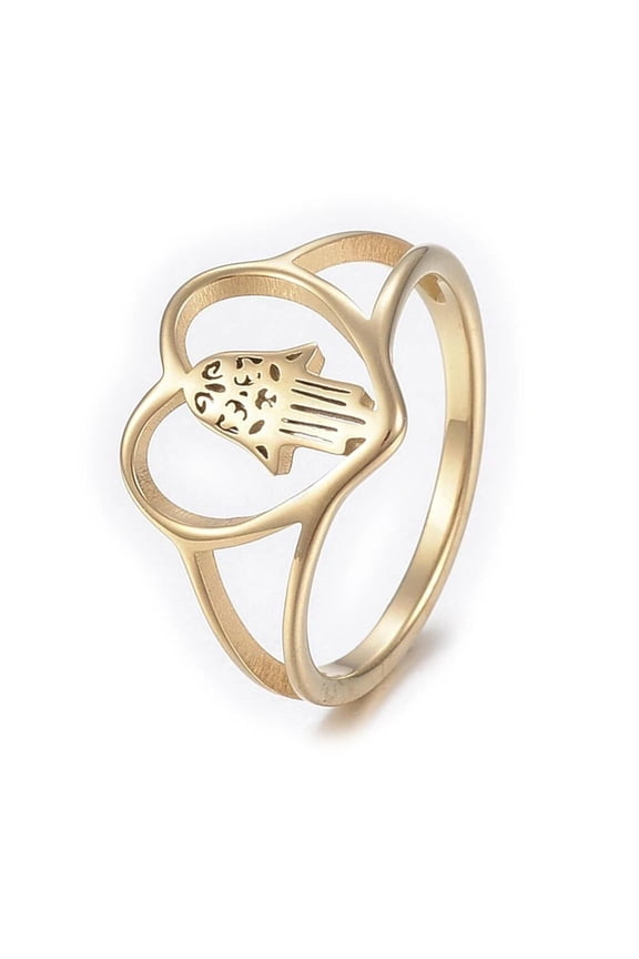 Stainless Steel Rings Wide Band Rings Hollow Heart Hamsa Fatima Gold Size 8 Z728