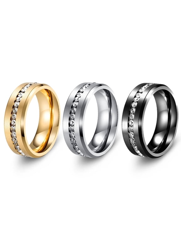 Stainless Steel Rings for Men, 3Pcs 8mm Width Wedding Ring, Gold Silver Black Ring Set, Cubic Zirconia Band Simple Ring