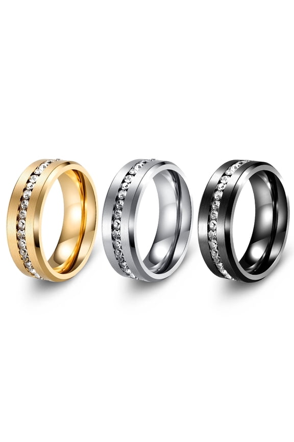 Stainless Steel Rings for Men, 3Pcs 8mm Width Wedding Ring, Gold Silver Black Ring Set, Zircon Band Simple Ring