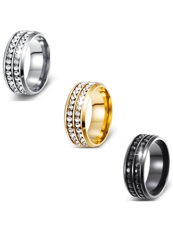 Stainless Steel Rings for Men Women, 3Pcs Simple Engagement Promise Wedding Ring, Gold Silver Black Zircon Ring Set, 8mm Width