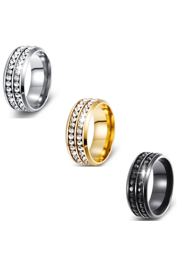 Stainless Steel Rings for Men Women, 3Pcs Simple Engagement Promise Wedding Ring, Gold Silver Black Zircon Ring Set, 8mm Width
