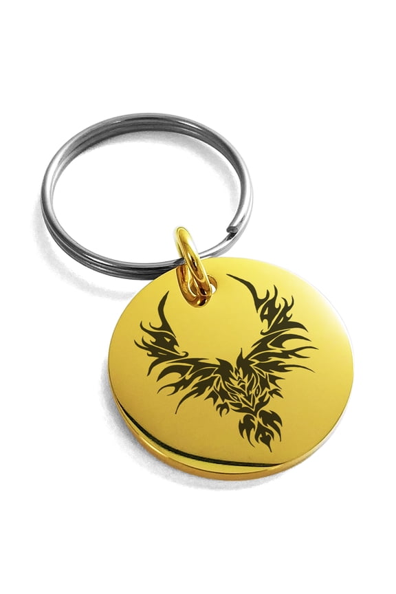 Stainless Steel Rising Phoenix Blaze Engraved Small Medallion Circle Charm Keychain Keyring