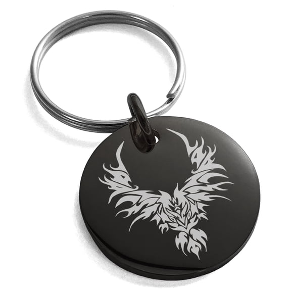 Stainless Steel Rising Phoenix Blaze Engraved Small Medallion Circle Charm Keychain Keyring