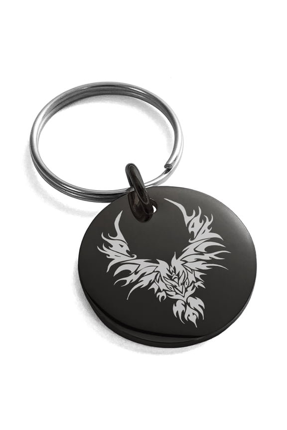 Stainless Steel Rising Phoenix Blaze Engraved Small Medallion Circle Charm Keychain Keyring