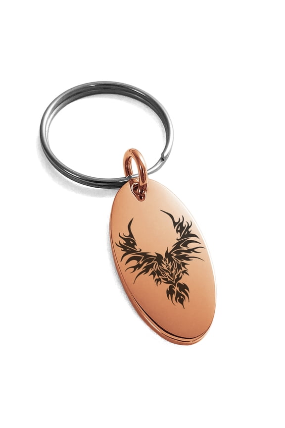 Stainless Steel Rising Phoenix Blaze Engraved Small Oval Charm Keychain Keyring