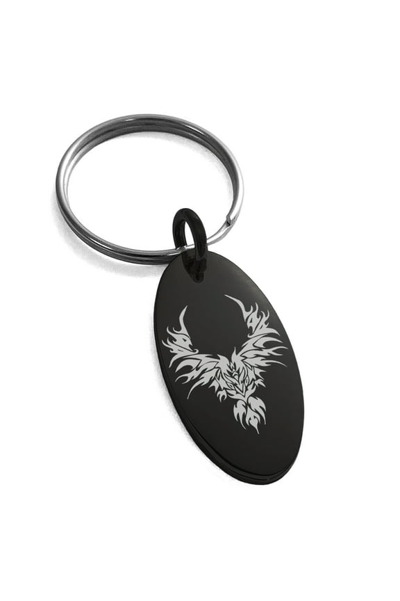 Stainless Steel Rising Phoenix Blaze Engraved Small Oval Charm Keychain Keyring