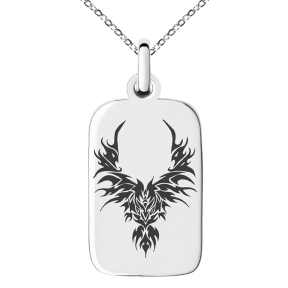 Stainless Steel Rising Phoenix Blaze Engraved Small Rectangle Dog Tag Charm Pendant Necklace