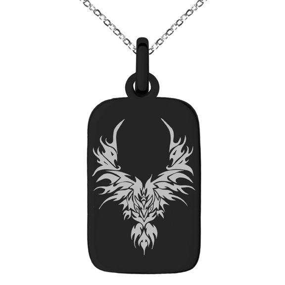 Stainless Steel Rising Phoenix Blaze Engraved Small Rectangle Dog Tag Charm Pendant Necklace