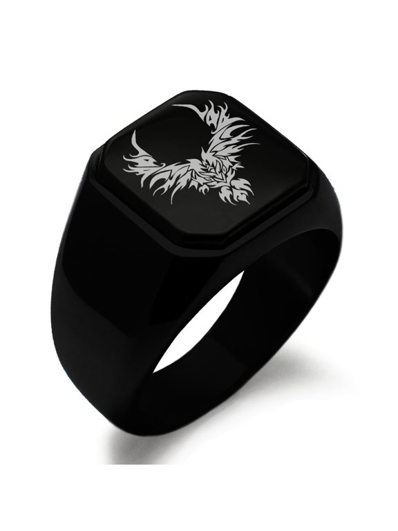 Stainless Steel Rising Phoenix Blaze Engraved Square Flat Top Biker Style Polished Ring