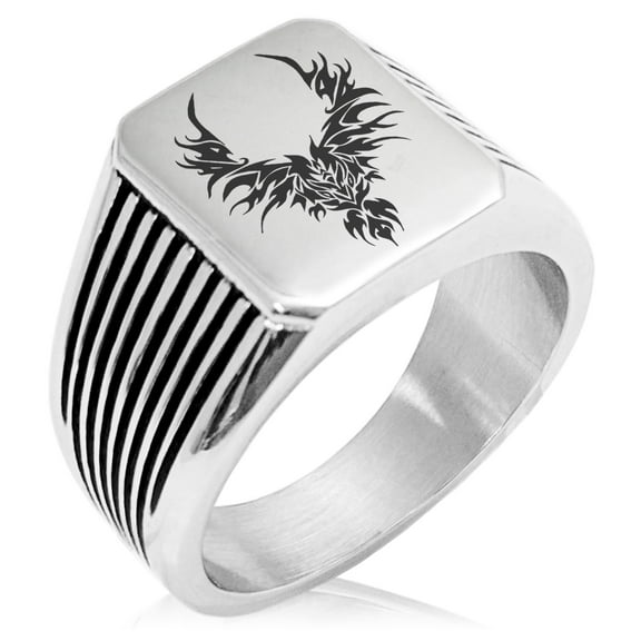 Stainless Steel Rising Phoenix Blaze Needle Stripe Pattern Biker Style Polished Ring