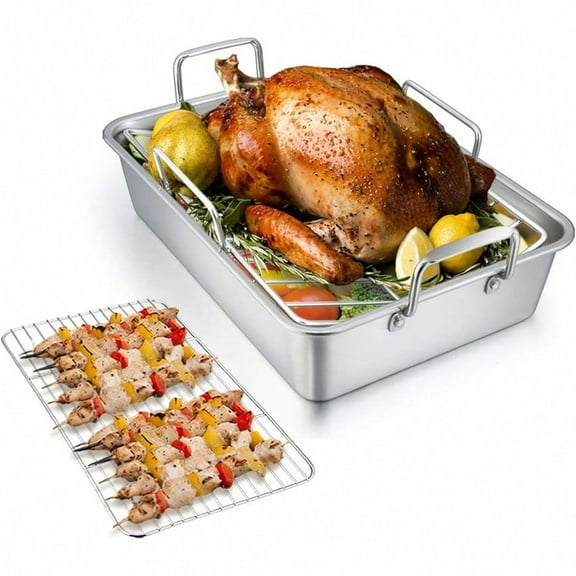 Stainless Steel Roasting Pan 16 Inch Large Turkey Roaster Lasagna Pan with V Rack and Cooling Rack Set for Roasting Baking Healthy and Heavy Duty Deep Side and Dishwasher Safe - 3 PCS