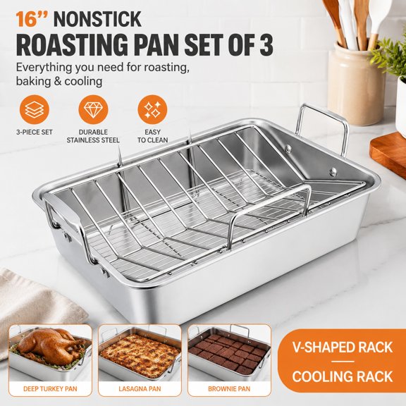 Stainless Steel Roasting Pan 16 Inch Large Turkey Roaster with V Rack & Cooling Rack Set, Heavy Duty Deep Side Baking Pan Dishwasher Safe - 3 PCS