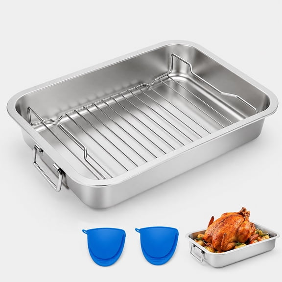 Naeqieo Stainless Steel Roasting Pan with Rack 15.5 x 11.6 In, Heavy Duty Turkey Roaster with Handles, Deep High Sided Oven Pan for Turkey Chicken Vegetables and Lasagna
