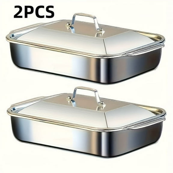 Stainless Steel Roasting Pan Set of 2 Deep Lasagna Dish with Metal Lids | 16-Inch Baking Pans Fish Grill Tray Dishwasher Safe 6L
