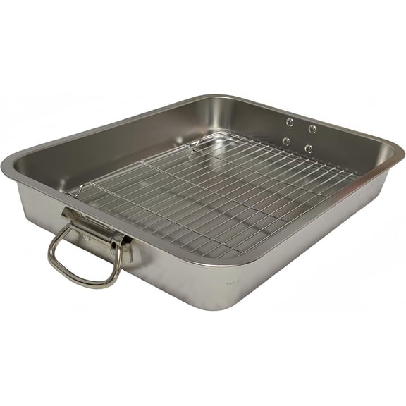 Stainless Steel Roasting Pan with Grill Rectangular Roasting Pan Suitable for Turkey Roast Chicken and Ham 19.5x13.6x2.8in Silver