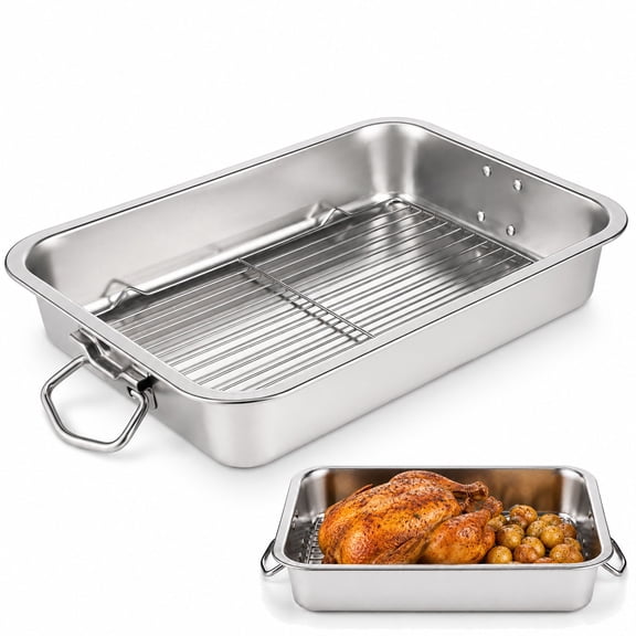 Stainless Steel Roasting Pan, 15.7 x 11.8 x 2.8 in Roasting Pan with Rack and Handles, Food-Safe Large Roaster for Turkey Chicken Beef Lasagna Vegetables Home Kitchen Use