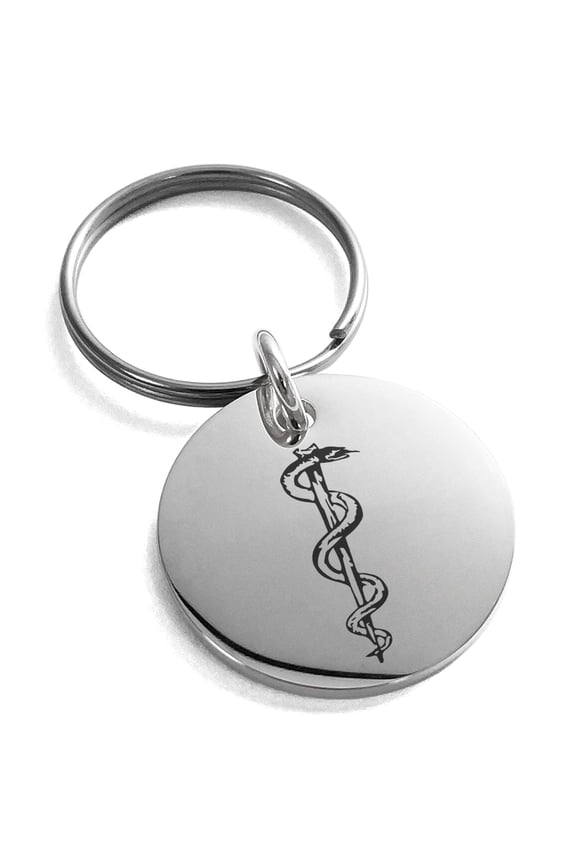 Stainless Steel Rod of Asclekius Engraved Small Medallion Circle Charm Celtic Keychain Keyring
