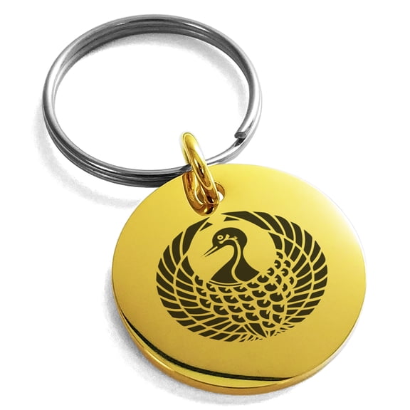 Tioneer Stainless Steel Rokkaku Samurai Crest Engraved Small Medallion Circle Charm Keychain Keyring
