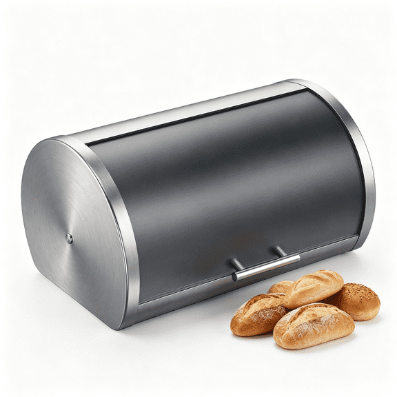 Stainless Steel Roll Top Bread Box for Kitchen Countertop with Frosted Plexilass Lid for Cookies, Bagels, Muffins