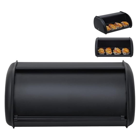 Stainless Steel Roll Top Bread Box for Kitchen Countertop with Stainless Steel Lid for Kitchen Counter, Pantry Shelf, Black