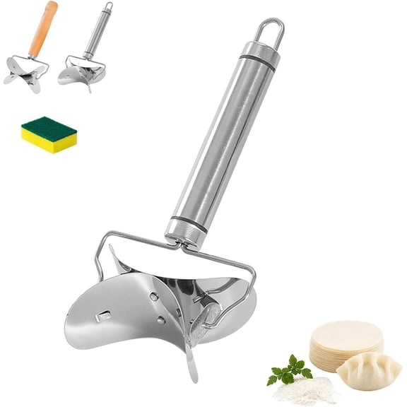 Stainless Steel Rolling Dumpling Wrapper Cutter, Manual Dough Cutting Tool with Wooden Handle for Home Kitchen Pastry Making (#B*1)