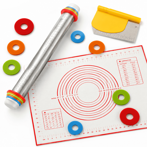 Stainless Steel Rolling Pin Set with Silicone Baking Mat and Bench Scraper