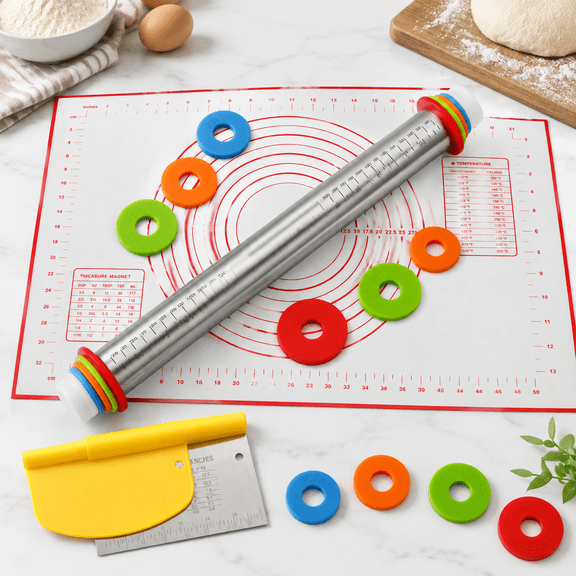 Stainless Steel Rolling Pin Set with Silicone Baking Mat and Bench Scraper