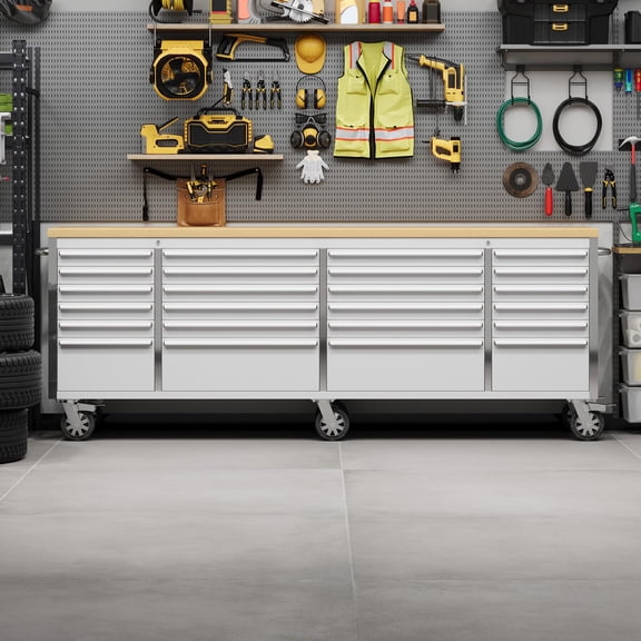 Stainless Steel Rolling Tool Chest with Rubber Wood Worktop, Ball Bearing Drawers, Lockable Storage & Ergonomic Handle for Garage, Kitchen & Craft Studio