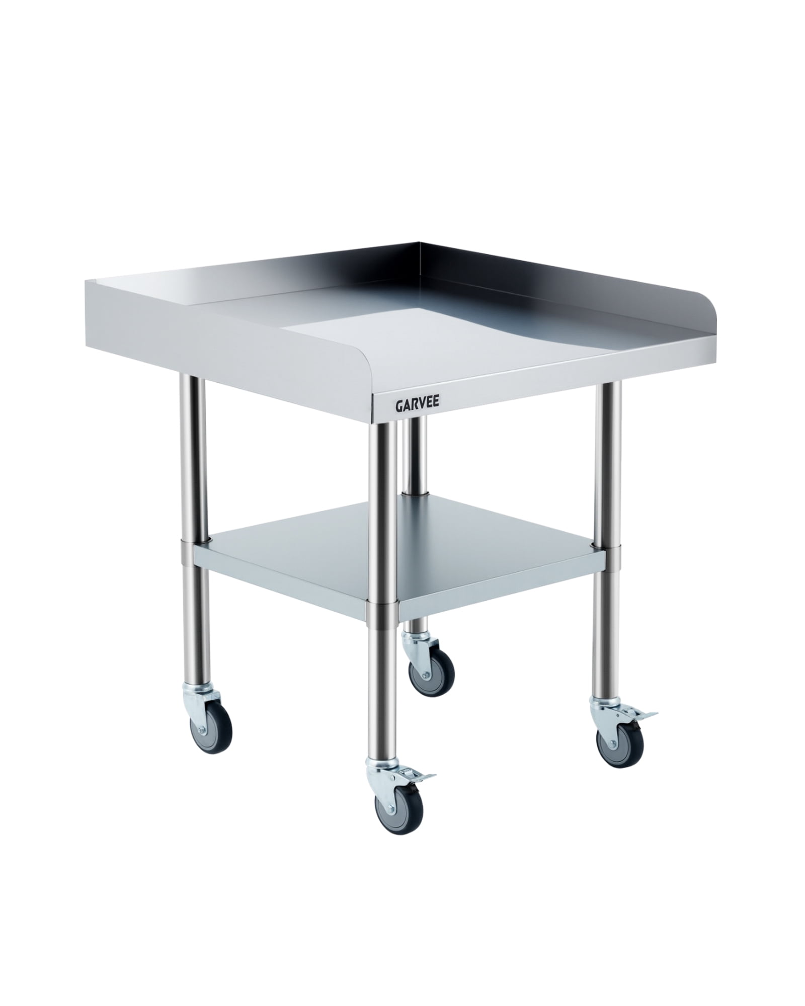 Stainless Steel Rolling Work Table, Commercial Prep Table with 3-Sided Fixed Backsplash & Adjustable Undershelf for Restaurant Garage - 24x24 Inch