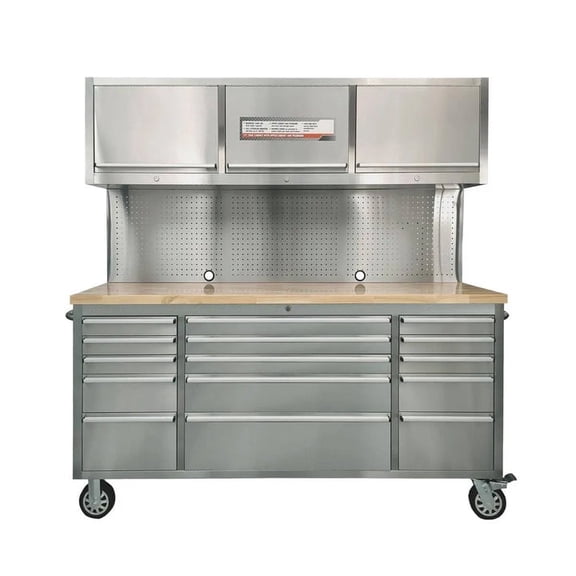 Stainless Steel Rolling Workbench Cabinet Combo, 72", 15 Lockable Drawers, Wall-Mounted Cabinets, Pegboard, Adjustable Shelving, TMG-WBC72S