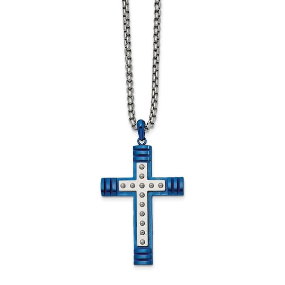 Stainless Steel Rolo Necklace with Pendants Chain Chisel Polished Blue IP-plated Cross Pendant on a 22 inch Box 29.75 mm