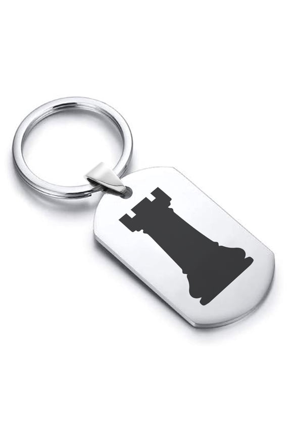 Stainless Steel Rook Chess Piece Dog Tag Keychain Circle Ring