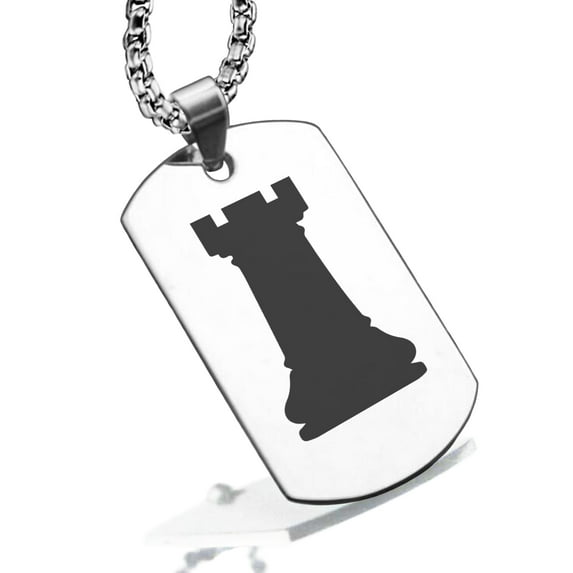 Stainless Steel Rook Chess Piece Dog Tag Pendant Necklace