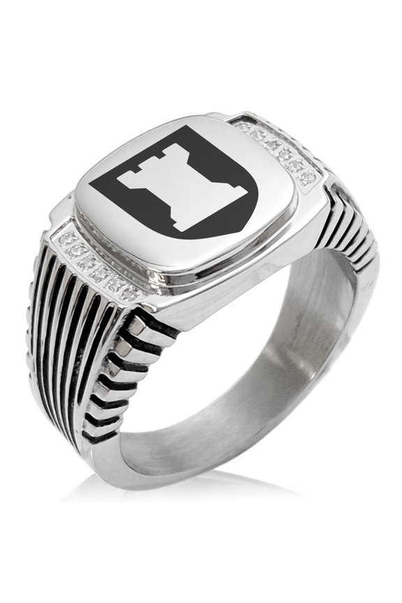 Stainless Steel Rook Strategy Coat of Arms Shield CZ Ribbed Needle Stripe Pattern Biker Style Polished Ring