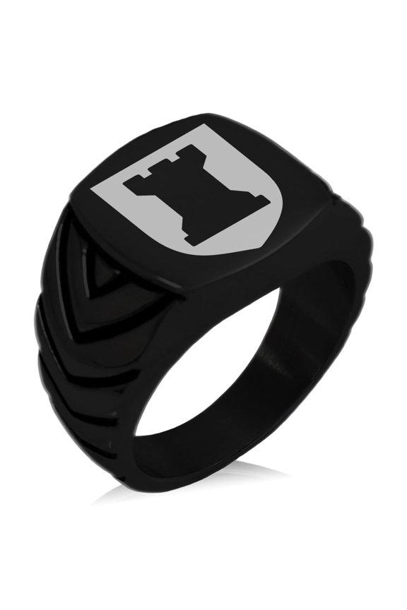 Stainless Steel Rook Strategy Coat of Arms Shield Chevron Pattern Biker Style Polished Ring