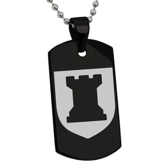 Tioneer Stainless Steel Rook Strategy Coat of Arms Shield Engraved Dog Tag Pendant Necklace