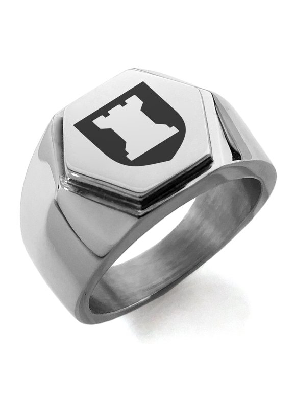 Stainless Steel Rook Strategy Coat of Arms Shield Engraved Hexagon Crest Flat Top Biker Style Polished Ring