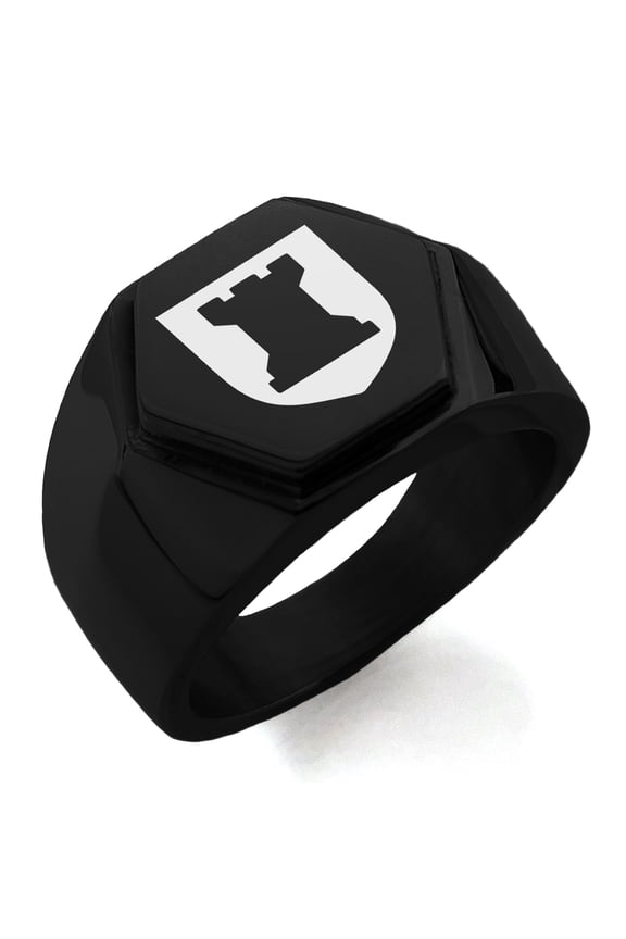 Stainless Steel Rook Strategy Coat of Arms Shield Engraved Hexagon Crest Flat Top Biker Style Polished Ring