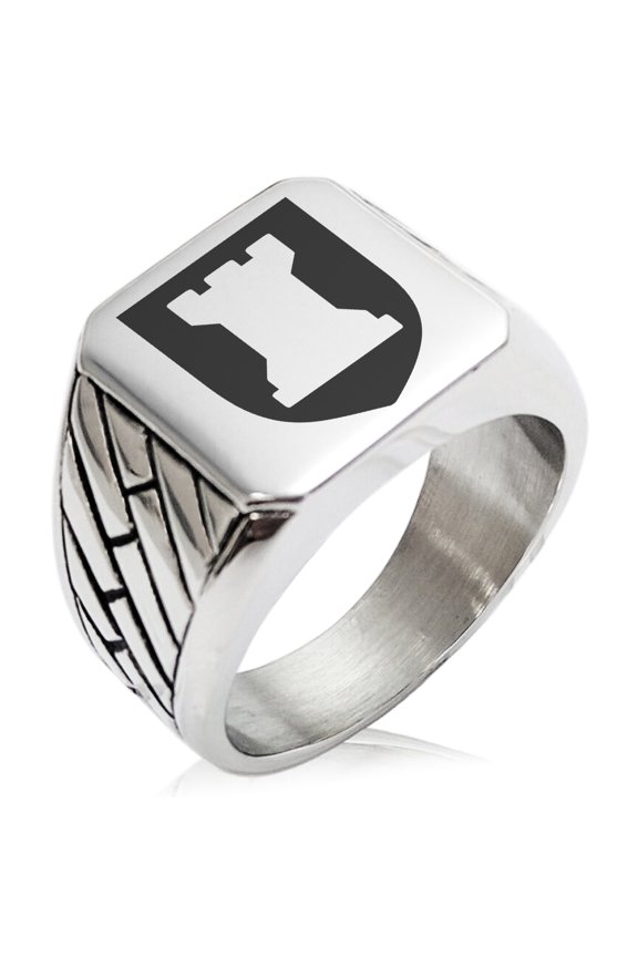Stainless Steel Rook Strategy Coat of Arms Shield Geometric Pattern Biker Style Polished Ring